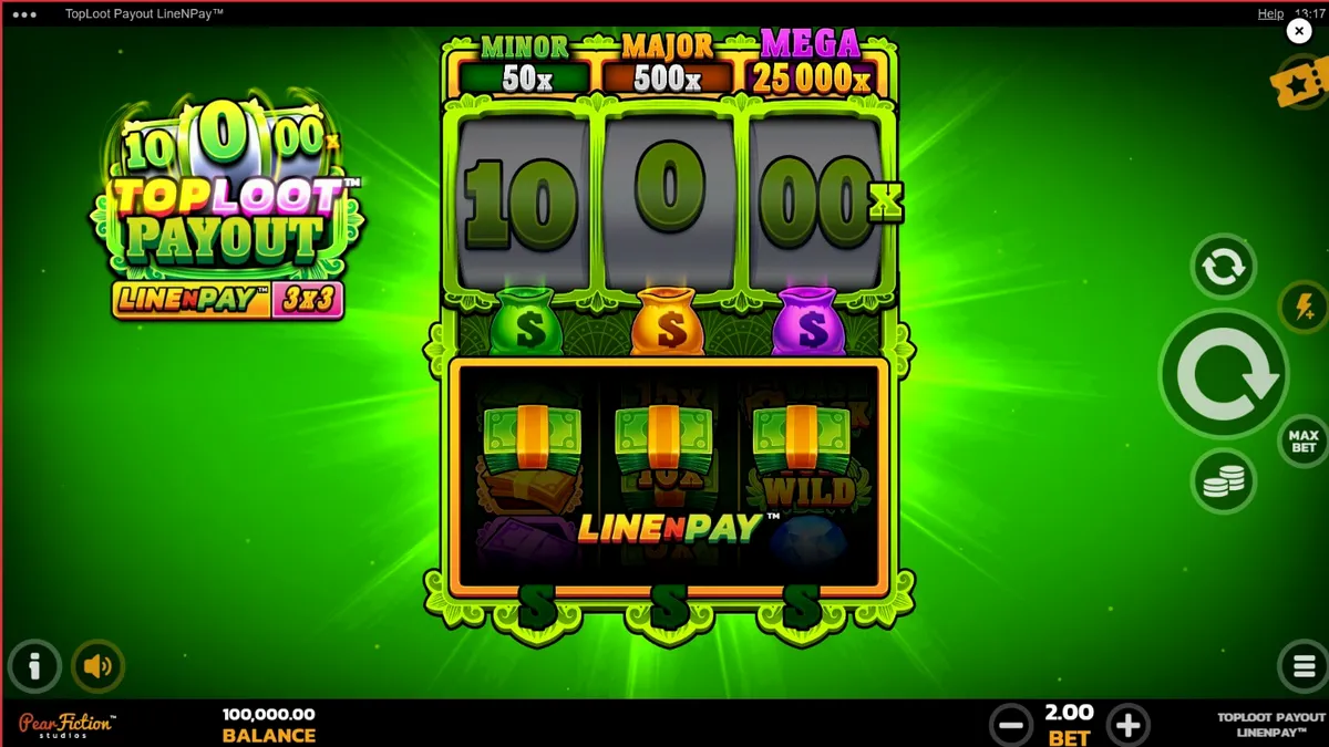 Ang interface ng TopLoot Payout LineNPay na nagpapakita ng 3x3 grid at mga gintong simbolo.